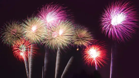 Ein Feuerwerk vor dunklem Himmel in rötlichen und magentafarbenen Tönen.