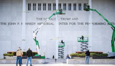 Mehrere Arbeiter und vier Hebebühnen stehen vor einer grauen Wand des Kennedy-Centers. Daran prangen die Buchstaben des neuen Namens.