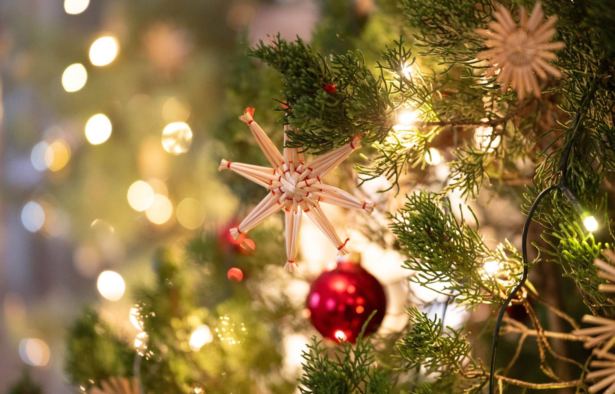 Ein Weihnachtsbaum ist mit Strohsternen und Weihnachtskugeln geschmückt. Die Deko unserer Autorin muss dieses Jahr im Keller bleiben.