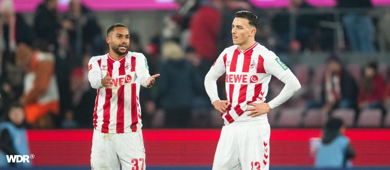 Die Kölner Spieler Linton Maina (l.) und Said El Mala nach der Niederlage gegen Union Berlin