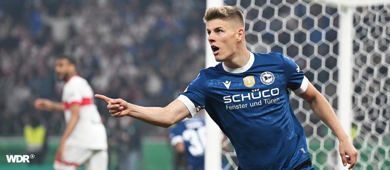 Julian Kania jubelt im Trikot von Arminia Bielefeld (Archivfoto)