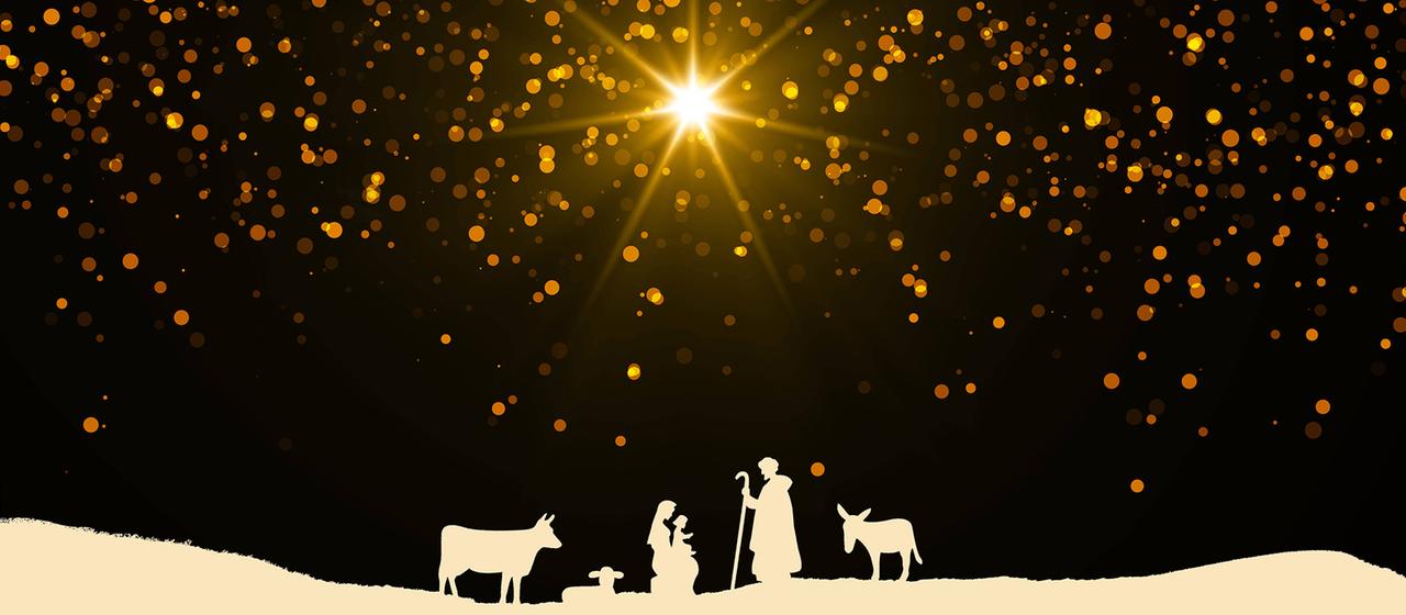 Die Silhouetten von Jesus Christus, Maria, Josef und Tieren ist vor dem Hintergrund eines hellen Sterns zu sehen. | IMAGO/Zoonar Die Silhouetten von Jesus Christus, Maria, Josef und Tieren ist vor dem Hintergrund eines hellen Sterns zu sehen.