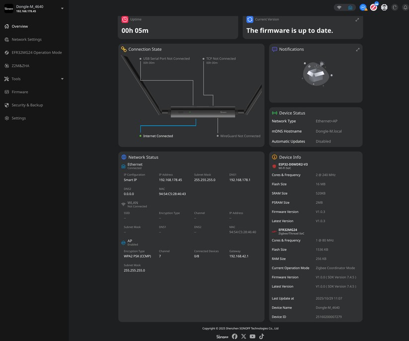Sonoff Dongle Max MG24 PoE: Einfache Verwaltung dank Web-Oberfläche und per MQTT auch in Home Assistant integrierbar.