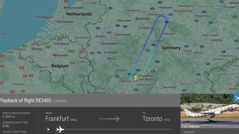 Ein Screenshot von der Website Flightradar24 zeigt die Flugroute des Condor-Airbus
