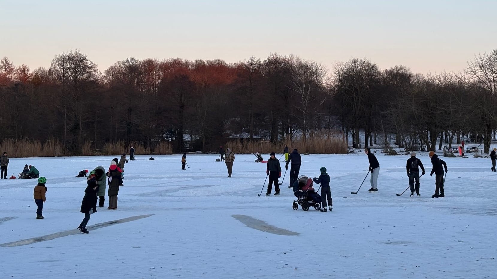 Im nördlichen Teil des Westparks nutzen die Münchner die Eisfläche auf dem kleinen See mitunter sogar zum Eishockey spielen.