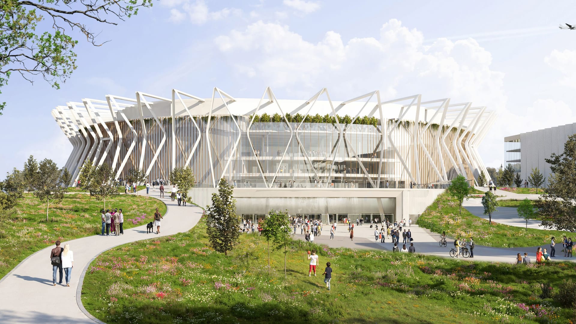 Die geplante "Arena in the Meadow" von außen: Londoner Architekten entwarfen die Konzerthalle.