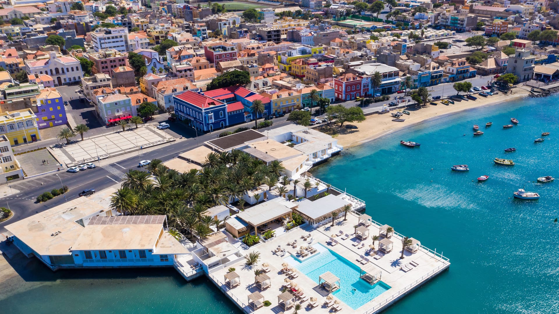 Aerial view of Mindelo Marina in Sao Vicente Island in Cape Verde