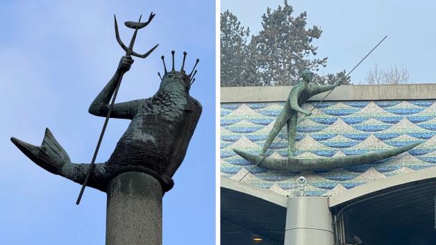 Zwei der bekanntesten Kunstwerke von Karlheinz Goedtke in Rendsburg: „Neptun“ am Conventgarten (links) und der „Fährmann“ am Kanaltunnel.  