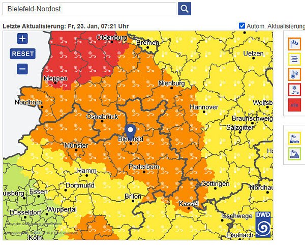 Auf den Bielefelder Straßen kann es am Freitagmorgen im Berufsverkehr spiegelglatt werden. - © Screenshot: DWD/cpa (23. Januar)
