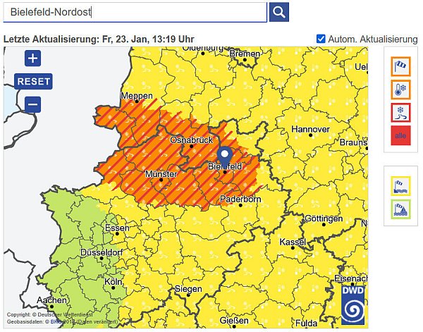 Ab 17 Uhr wird es wieder glatt in Bielefeld, gefrierender Regen kann die Lage in der Nacht weiter verschärfen. Die DWD-Karte zeigt den betroffenen Bereich an. - © Screenshot: DWD/cpa (23. Januar)