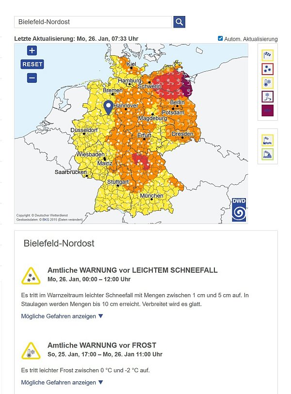 Der Deutsche Wetterdienst warnt vor Schneefall bis in den Mittagsstunden. Später wurde die Meldung bis 17 Uhr verlängert. - © Screenshot: NW