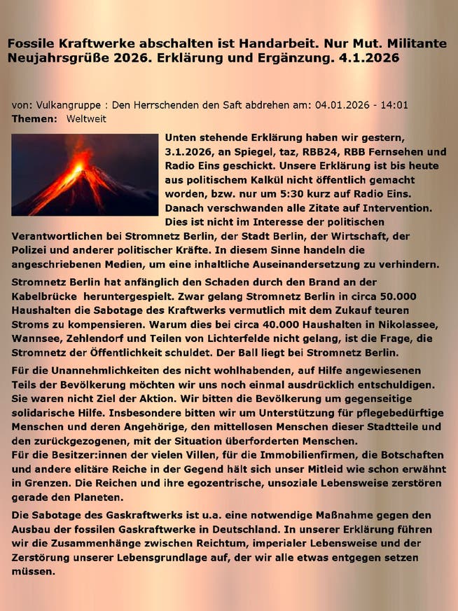 Das Bekennerschreiben der Vulkangruppe.