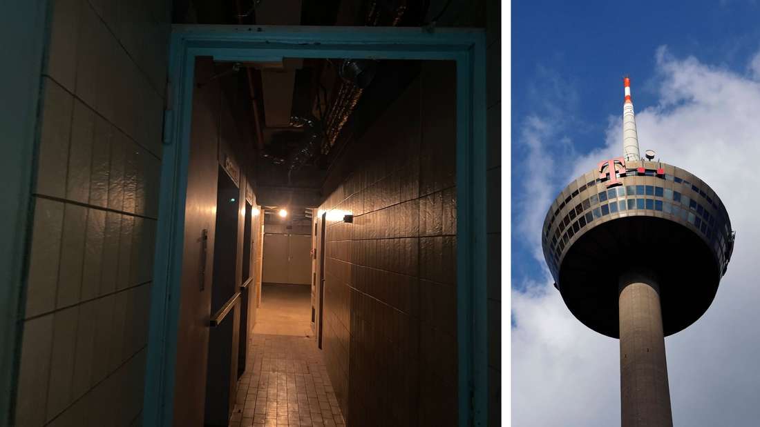 Links: Der Flur im Colonius. Rechts: Der Kölne4er Fernsehturm von außen. 