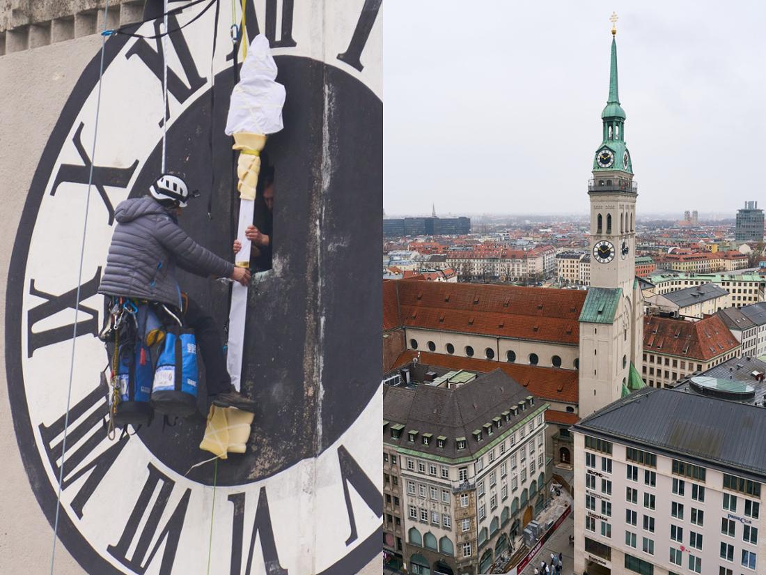 Am Dienstagmorgen wurden die Zeiger am Alten Peter in München wieder montiert.