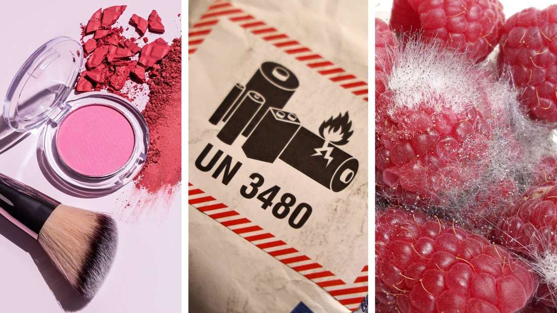 Montage: häufigsten Gründe für Rückrufe, Kosmetik, Warnzeichen Akkus, geschimmelte Himbeeren (v.l.)