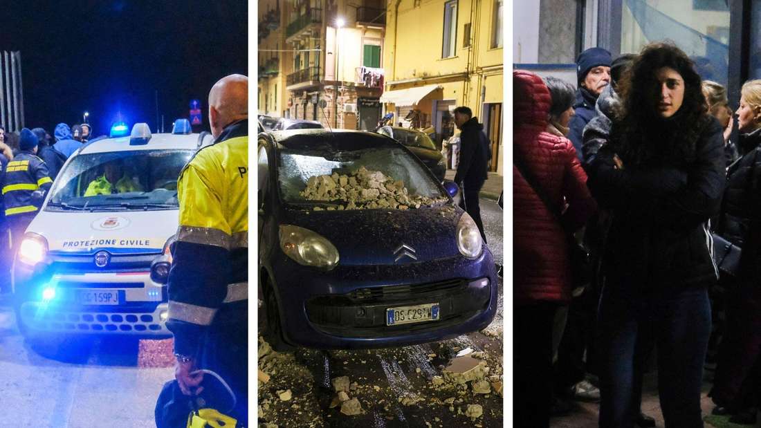 Beim Rekord-Erdbeben am Supervulkan in Italien flohen Menschen auf die Straßen und Trümmer flogen von den Häusern.