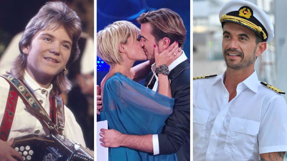 Florian Silbereisen mit seinem Akkordeon 1991 im Musikantenstadl. Helene Fischer und Florian Silbereisen küssen sich. Florian Silbereisen als Kapitän des ZDF-Traumschiffs (Fotomontage)