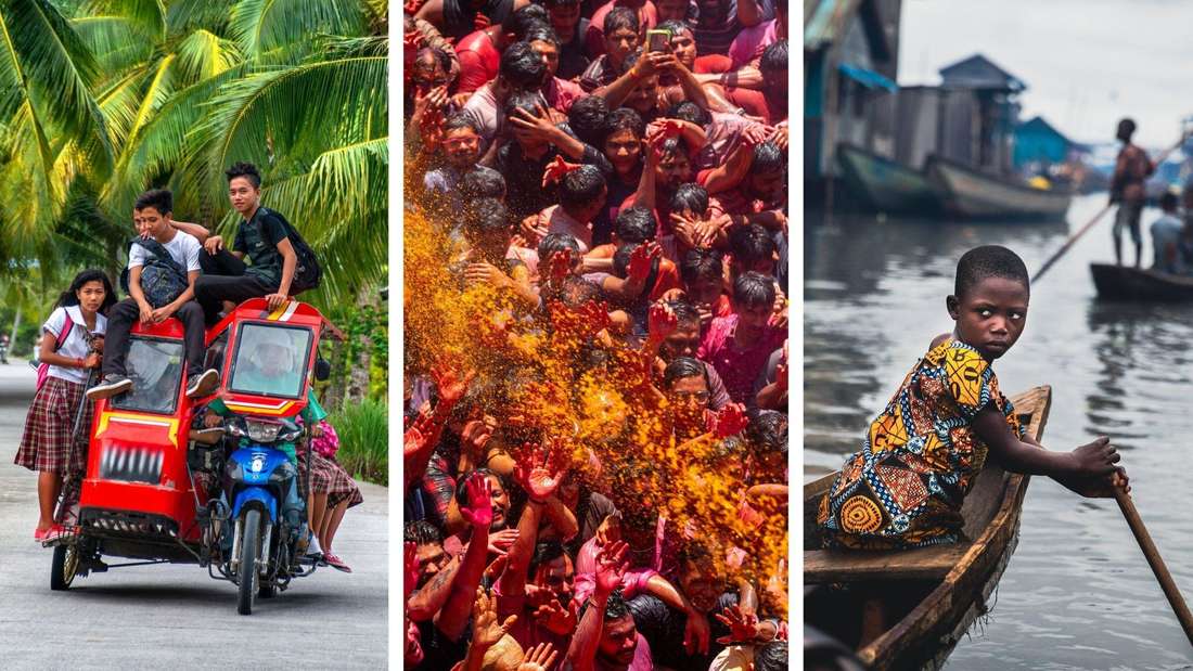 Montage bevölkerungsreichste Länder, links Philippinen, Mitte Indien, Rechts Nigeria