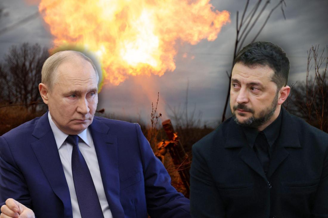 Wladimir Putin und Wolodymyr Selenskyj vor einem Mörser der ukrainischen Armee.