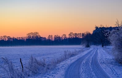 Es ist frostig in Deutschland: Farbenprächtig leuchtet der Morgenhimmel kurz vor Sonnenaufgang über der Winterlandschaft.