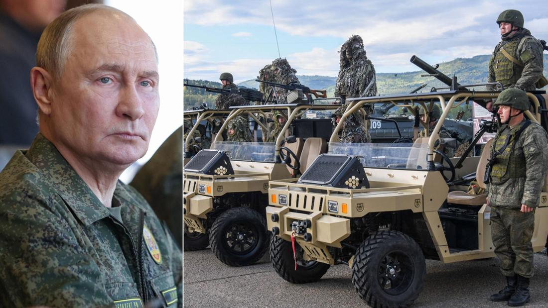 Wladimir Putin in Flecktarn, Soldaten in kleinen Fahrzeugen
