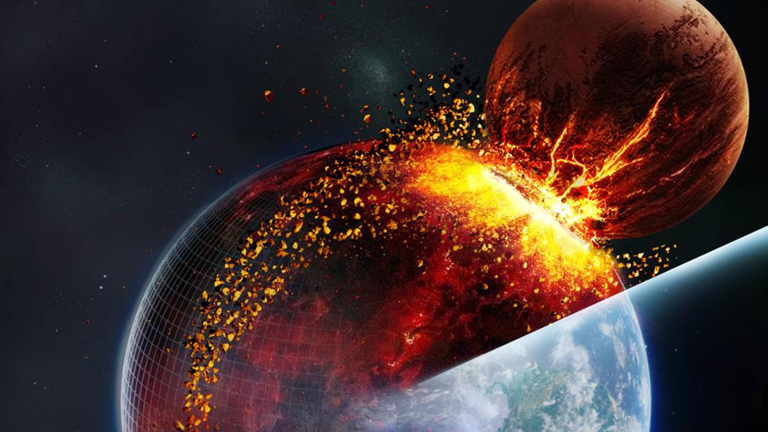 So stellen sich Forschende die Entstehung des Mondes vor: Ein etwa Mars-großer Protoplanet trifft die Erde und schlägt Material heraus – dadurch entsteht der Mond.