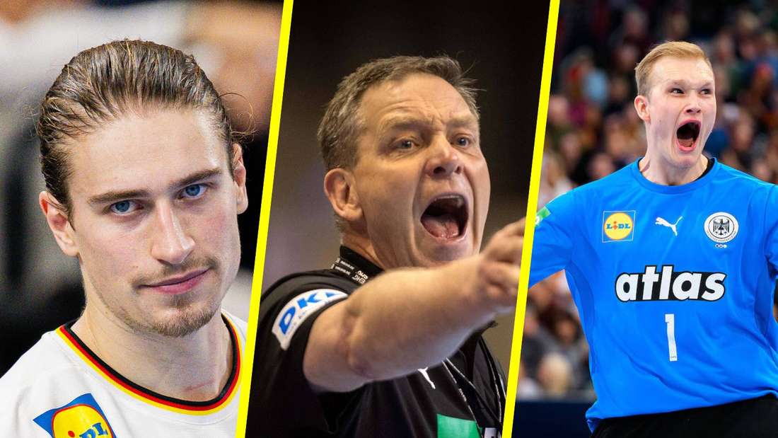 (v.l.n.r.) Spielmacher Juri Knorr, Bundestrainer Alfred Gislason, Torwart David Späth. 