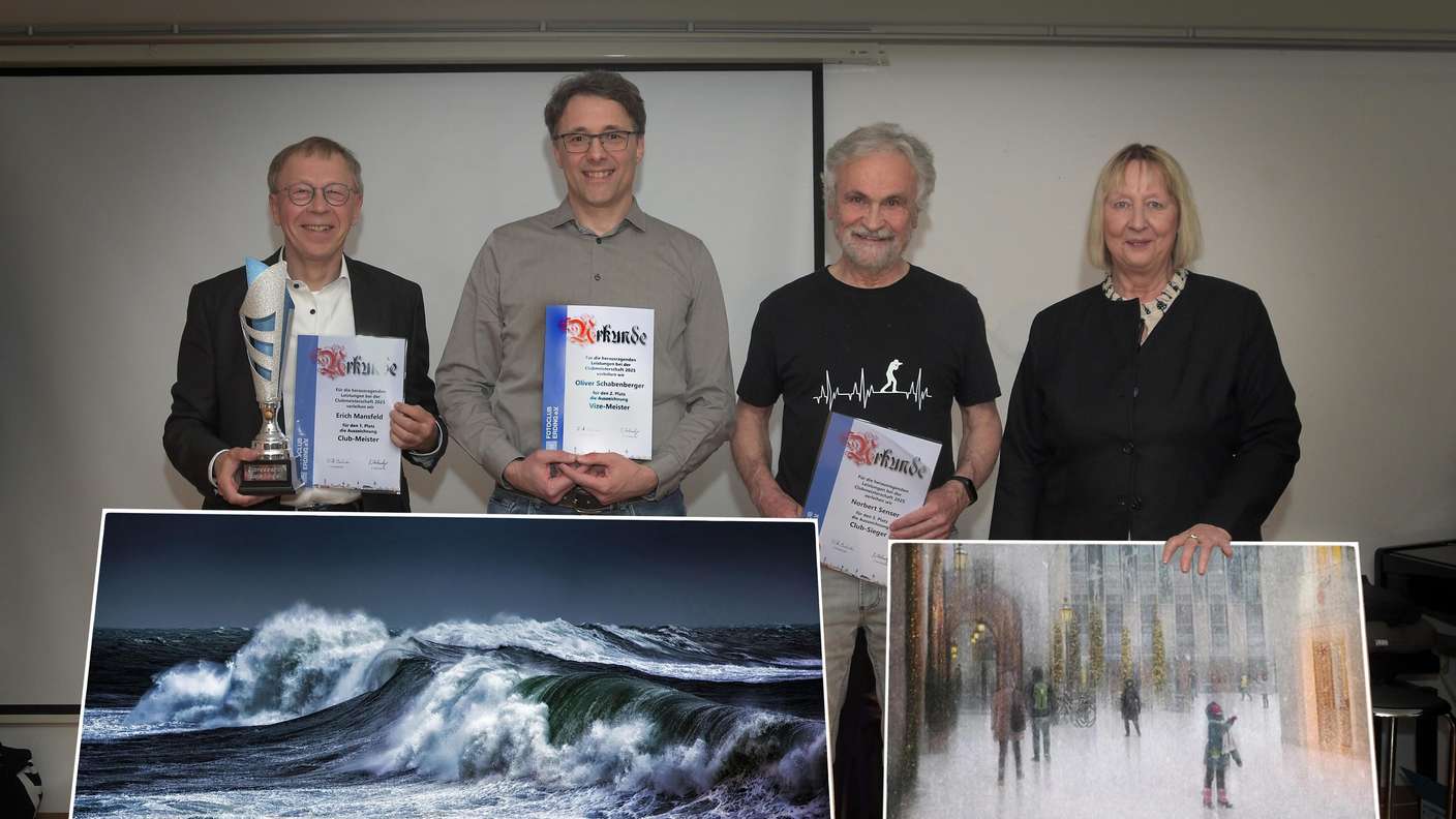 Ausgezeichnete Fotografen: Clubmeister Erich Mansfeld (l.) mit seinem  Siegesfoto zum Wettbewerb „Wasser in Bewegung“. Auf den Plätzen folgten (ab 2.v.l.) Oliver Schabenberger und Norbert Senser. Roswitha Schleicher-Schwarz ist neue Bezirksfotomeisterin im DVF und zeigt eines ihrer Erfolgsbilder.