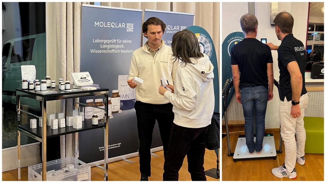 Beim ersten Longevity-Day der Gesundheitswelt Chiemgau konnten sich die Besucher auch über Nahrungsergänzungsmittel (links) und die Bioelektrische Impedanzanalyse im medizinischen Fitnessstudio Promoveo (rechts) informieren.