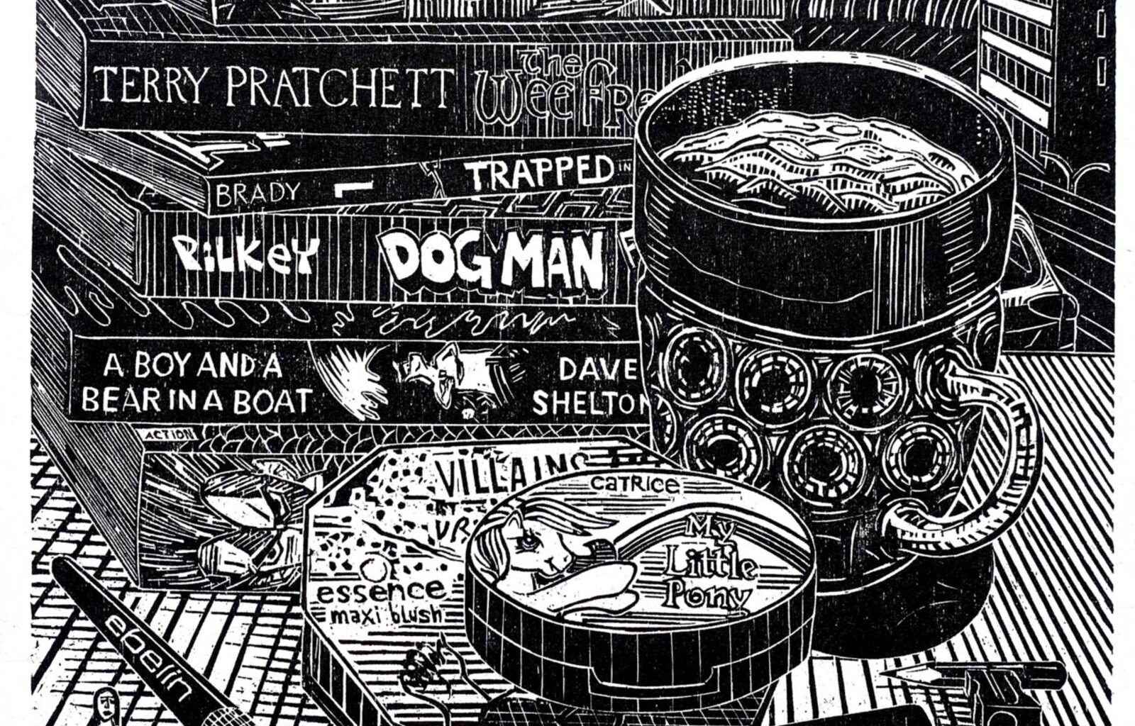 Zu sehen ist ein kontrastreicher Holzschnitt von Gabriela Jolowicz: Im Hintergrund stapeln sich populäre Bücher und Mangas, davor sind weitere Gegenstände angesammelt.