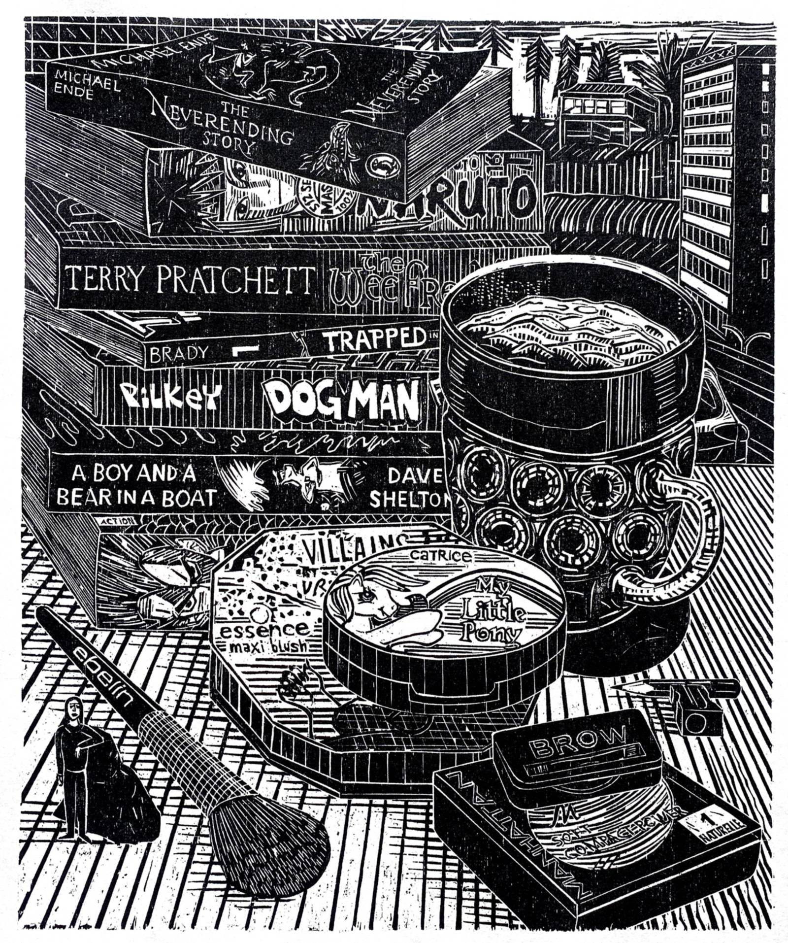 Zu sehen ist ein kontrastreicher Holzschnitt von Gabriela Jolowicz: Im Hintergrund stapeln sich populäre Bücher und Mangas, davor sind weitere Gegenstände angesammelt.