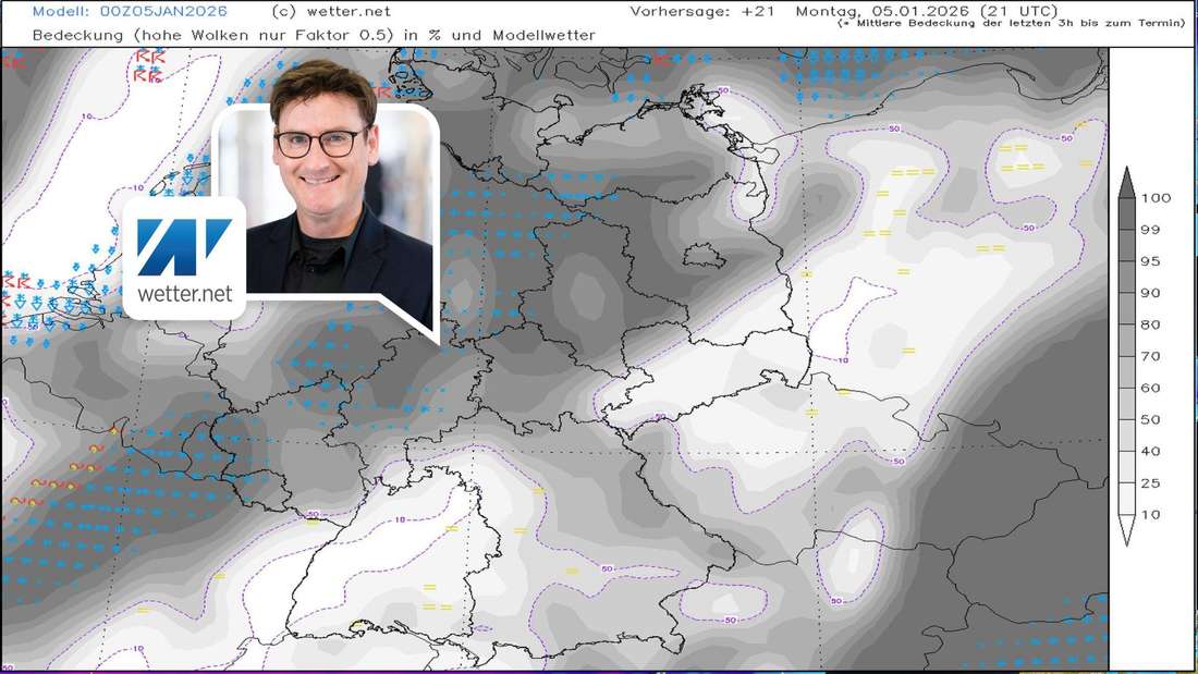 
Die Wetterlage am Montagabend (5. Januar). 