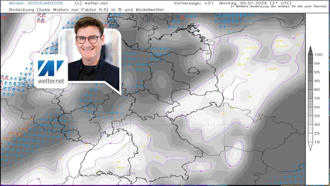 
Die Wetterlage am Montagabend (5. Januar). 