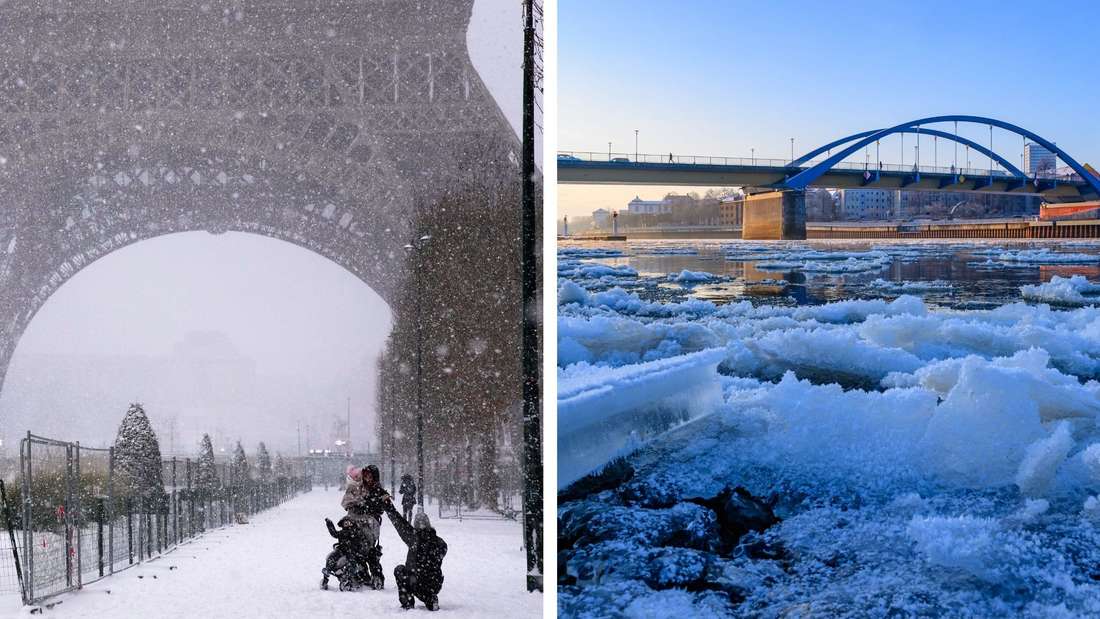 Winter-Chaos in Europa: Von Paris (l.) bis Frankfurt (Oder) (r.) versinken Regionen im Schnee.