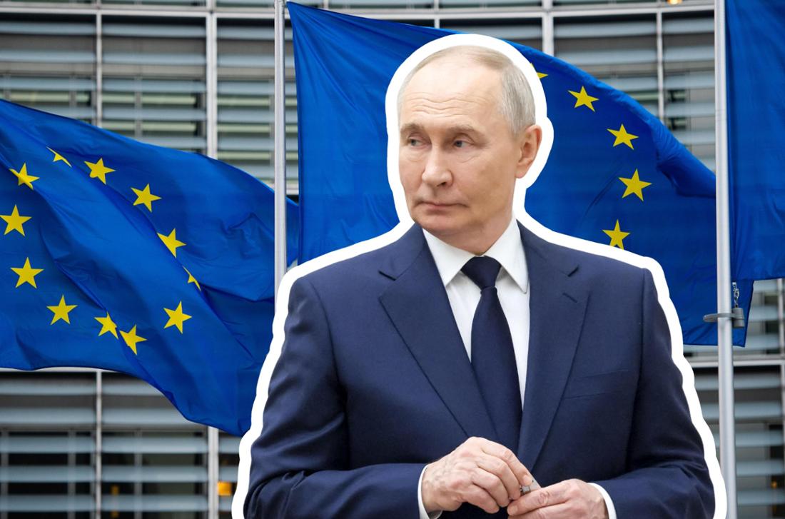 Wladimir Putin in einer Bildmontage mit EU-Flaggen