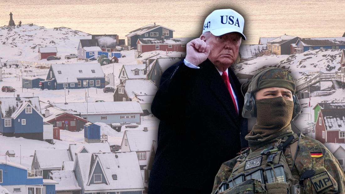 Die Montage zeigt Trump, Grönland und einen Bundeswehrsoldaten