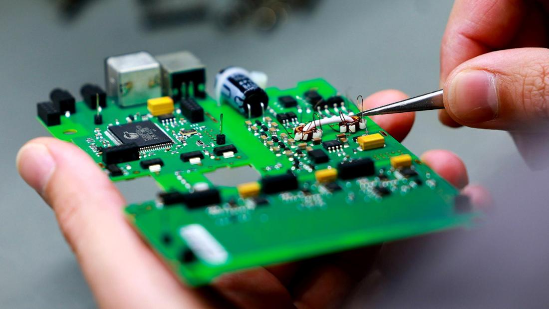  A microchip at the production of medical equipment of the Neurosoft company