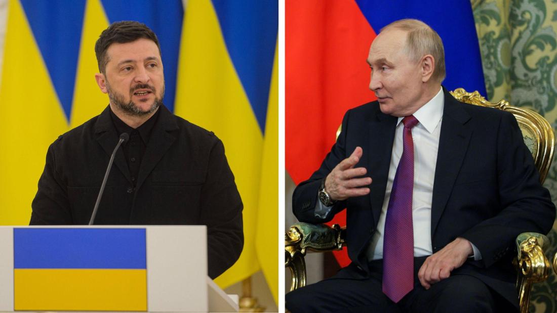 Collage: Der ukrainische Präsident Wolodymyr Selenskyj und der russische Präsident Wladimir Putin.