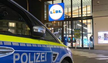 Polizeifahrzeug steht vor einem Lidl-Markt, der nachts beleuchtet ist, während an der Eingangstür Personen vorbeigehen.
