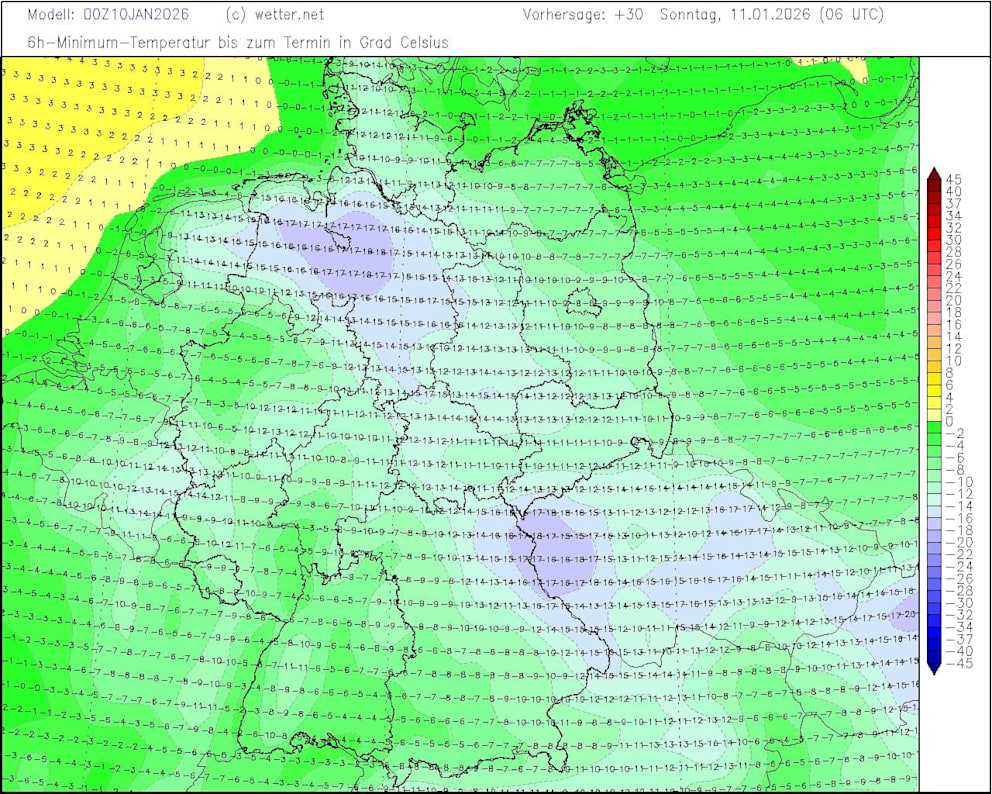 Die Wetterkarte zeigt die Temperaturen am Sonntagmorgen. Örtliche Ausreißer werden auf der Karte nicht gezeigt