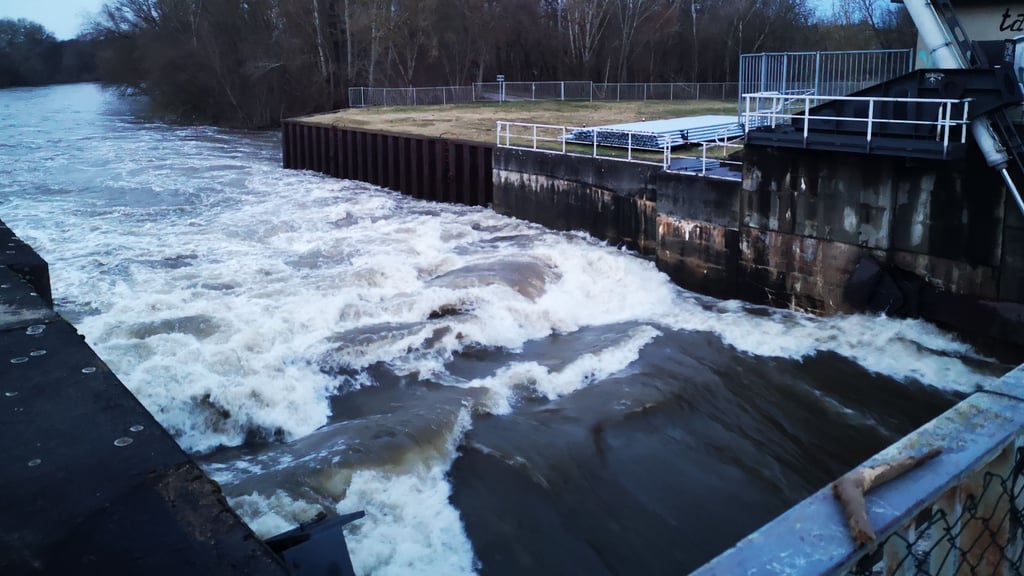 Das Pulverweidenwehr ist ein wichtiger Baustein des Hochwasserschutzes für Halle, wie hier beim Hochwasser 2024.