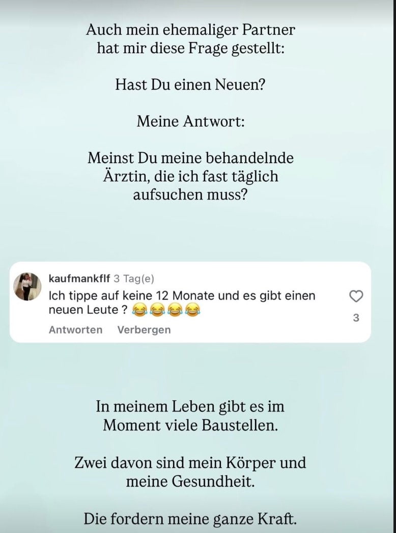 Patrice Aminati schildert, dass ihre Gesundheit, ihr Körper und die vielen Arztbesuche pro Woche ihre ganze Kraft einfordern. Und kein neuer Mann im Spiel sei