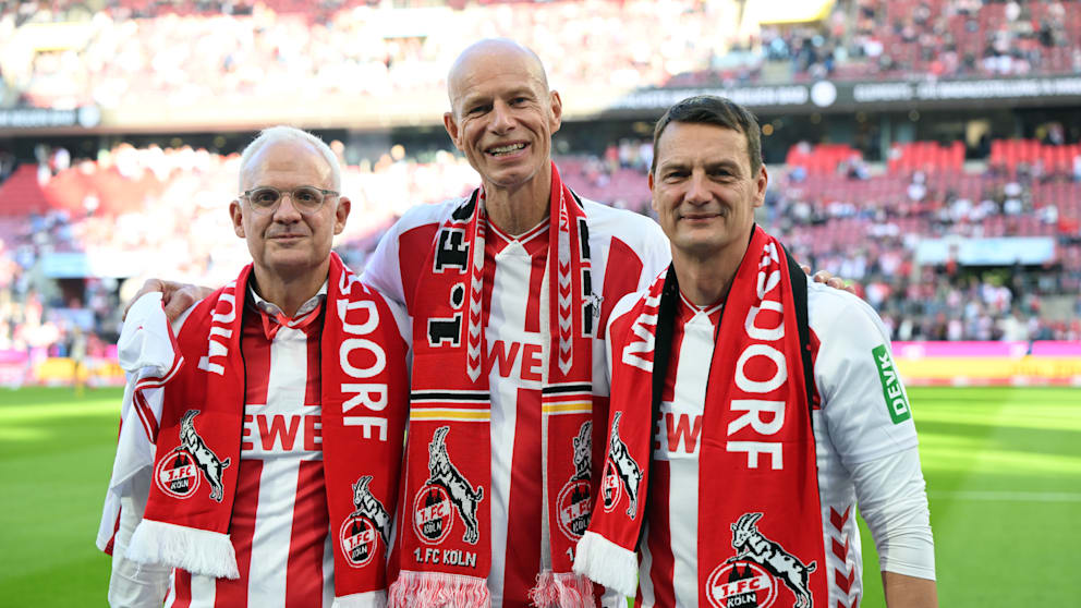 Der Vorstand des FC Köln: Vizepräsident Jörg Alvermann (55/l.), Präsindent Jörn Stobbe (60/M.) und Vizepräsident Ulf Sobek (53/r.)