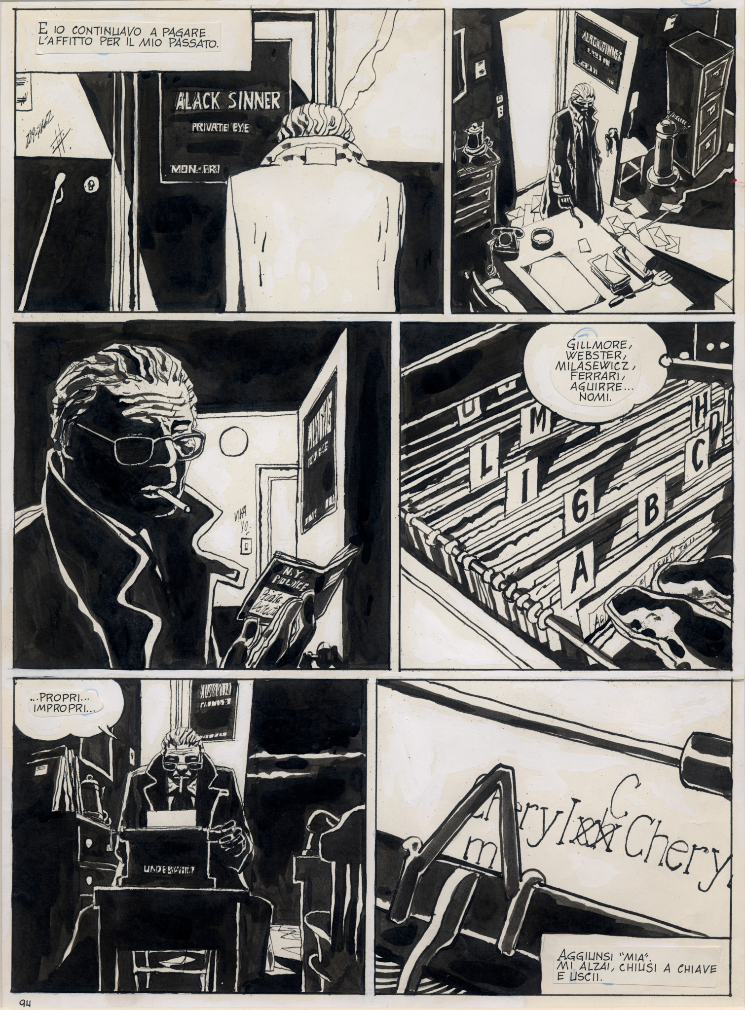 Schwarz-weisse Comicseite mit einem Mann, der durch eine Tür geht und in einem Raum mit Schallplatten steht.