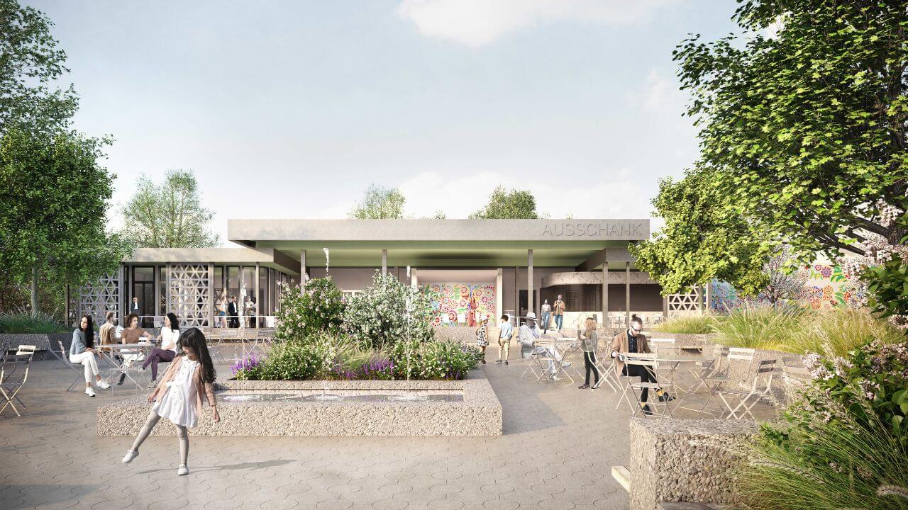 Visualisierung des Biergartens mit neuem Ausschankgebäude im Stil der 1970er Jahre