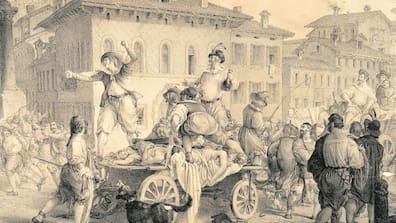 Die historische Lithografie zeigt, wie Opfer der Pest abtransportiert werden.