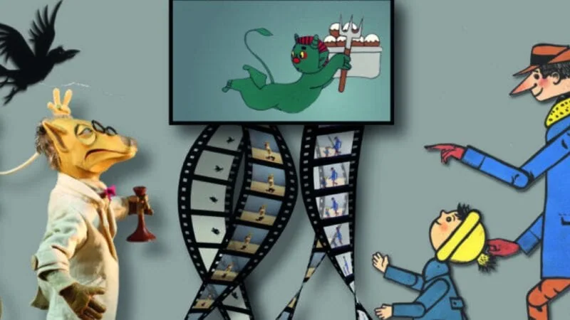 Collage mit Puppenfigur, Filmstreifen und Leinwand mit grünem Fabelwesen – Symbol für Dresdner Animationsfilm im DIAF.