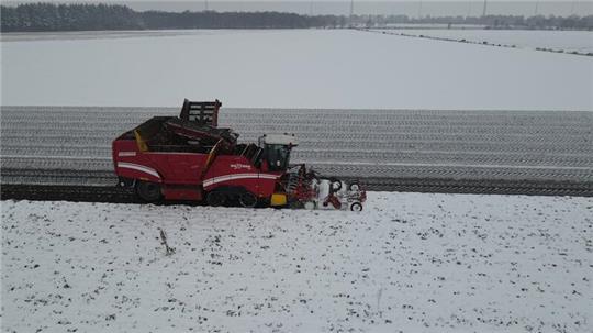 Ein seltenes Bild: Rübenernte im Schnee – aus der Luft betrachtet und fotografiert mit der Drohne von Ole Christiansen