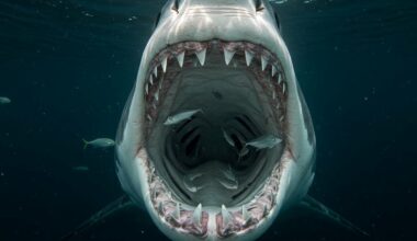 Ein großer Hai schwimmt mit weit geöffnetem Maul im Meer, umgeben von kleineren Fischen. Die Szene zeigt die beeindruckenden Zähne des Hais und die dunkle, tiefblaue Umgebung des Ozeans.