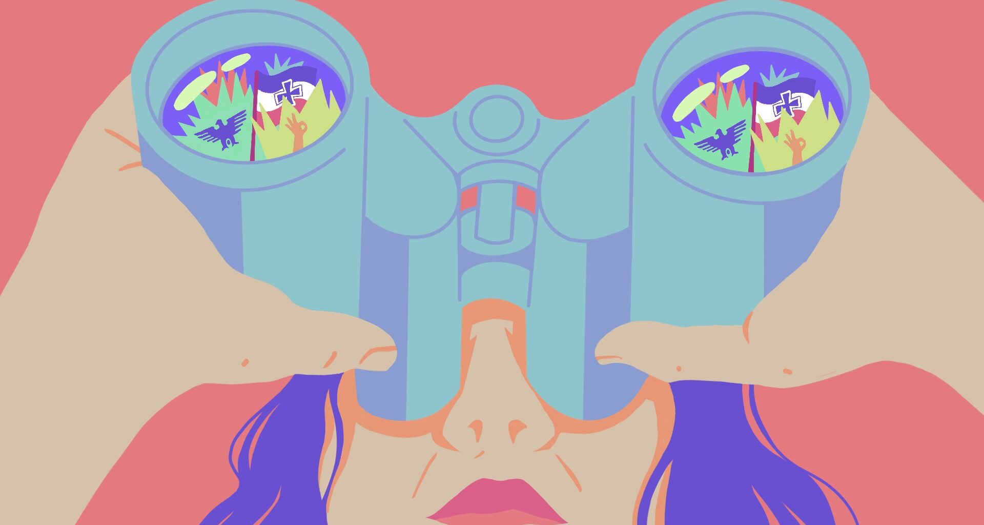 Eine bunte Illustration zeigt eine Person mit lange Haaren, die durch ein Fernrohr blickt. Auf den Fernrohrgläsern sind rechte Symbole zu sehen, wie ein Adler, eine Hand, die Reichsbürgerflagge.